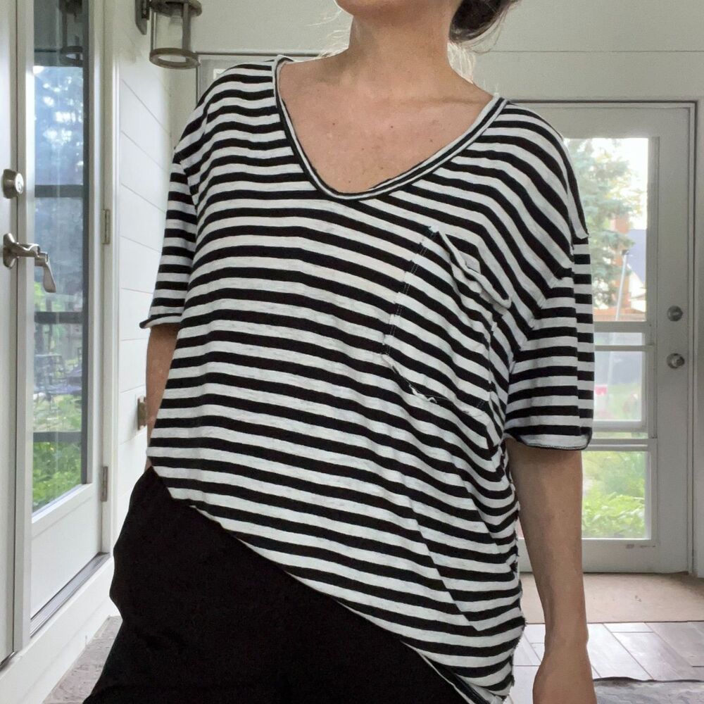 We The Free FP Black & White Striped Pocket Oversized T-Shirt Women's Medium